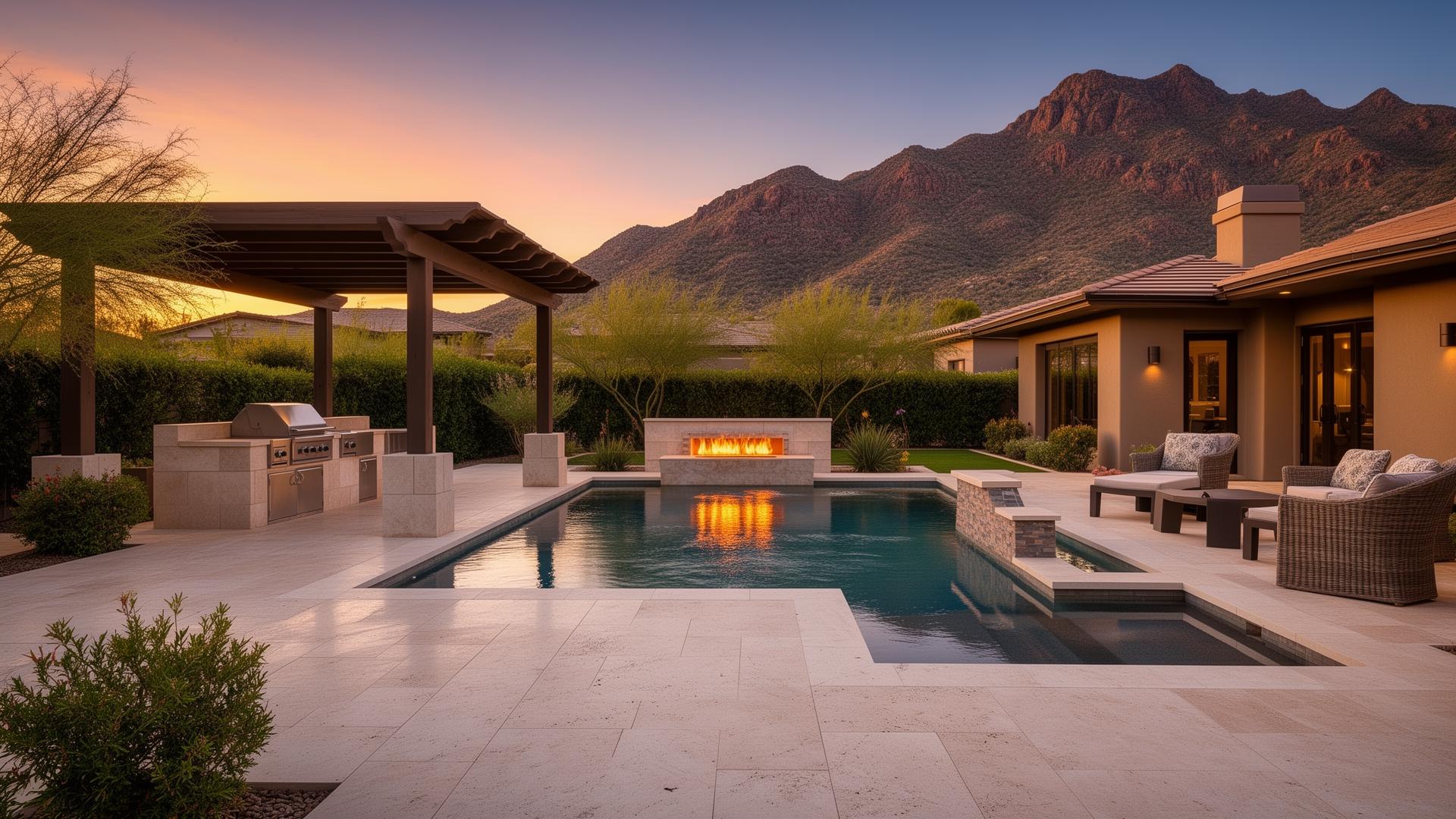 Luxury Scottsdale backyard remodel with pool, ramada, outdoor kitchen, and fire feature at twilight